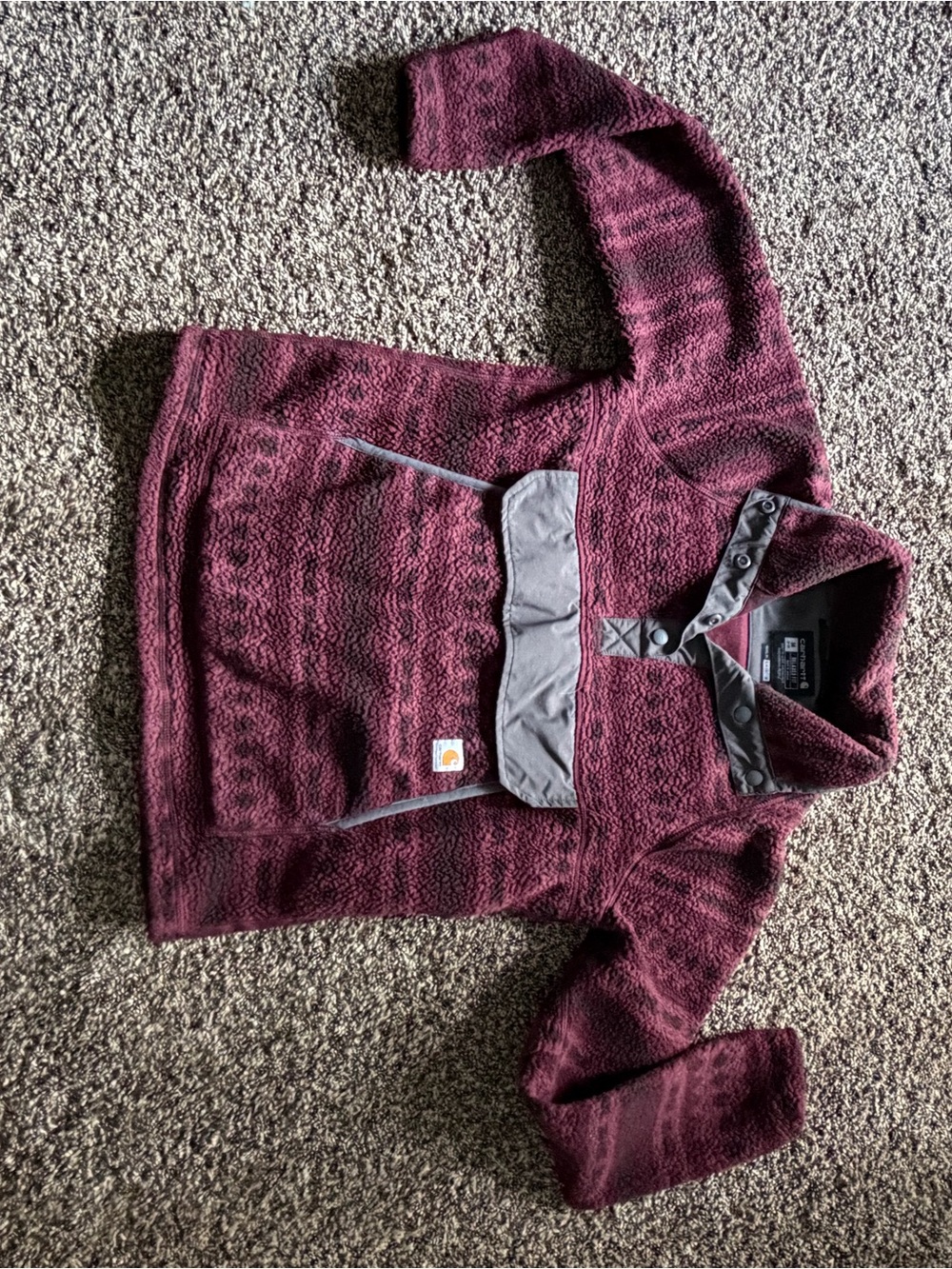 Carhartt Women's Burgundy Teddy Fleece Pullover Jacket with Gray Pocket